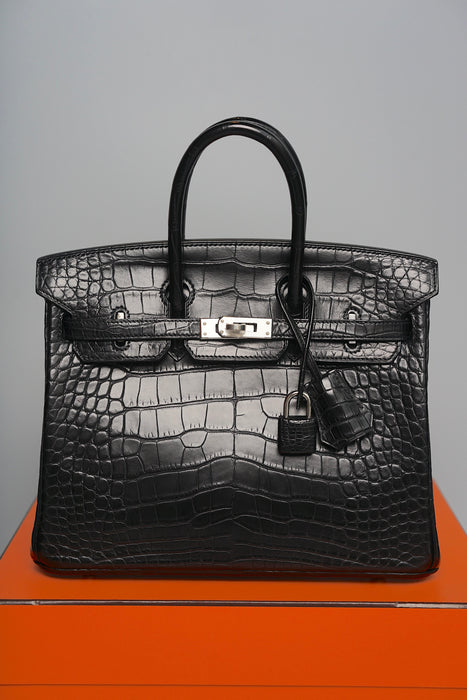 Hermes Birkin 25 in Black Shiny Porosus Phw (Brand New)