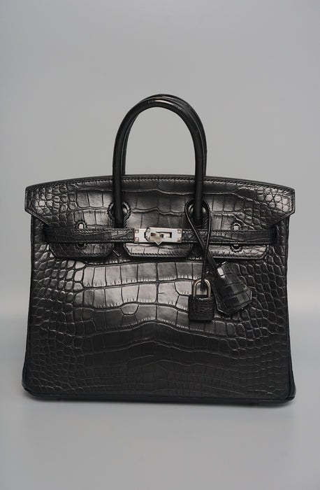 Hermes Birkin 25 in Black Shiny Porosus Phw (Brand New)