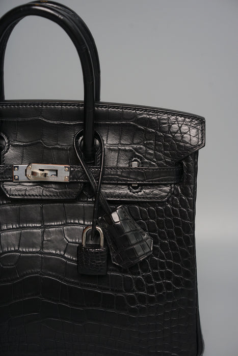 Hermes Birkin 25 in Black Shiny Porosus Phw (Brand New)