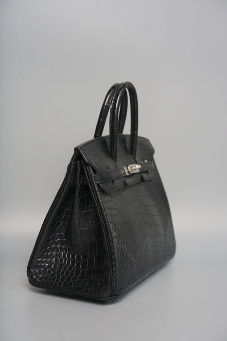 Hermes Birkin 25 in Black Shiny Porosus Phw (Brand New)