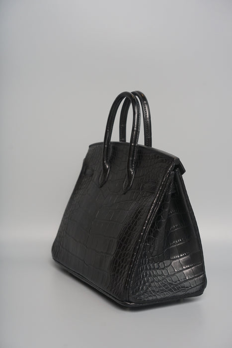 Hermes Birkin 25 in Black Shiny Porosus Phw (Brand New)