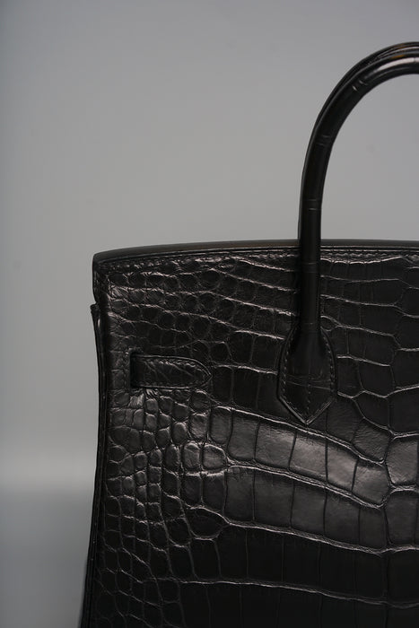 Hermes Birkin 25 in Black Shiny Porosus Phw (Brand New)