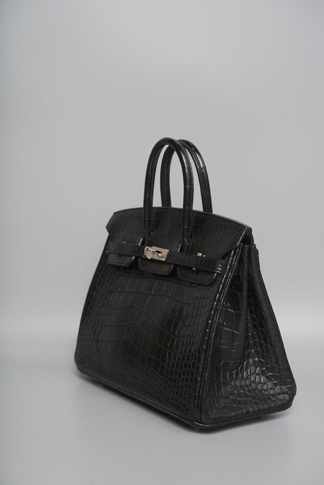 Hermes Birkin 25 in Black Shiny Porosus Phw (Brand New)