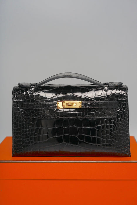 Hermes Kelly Pochette in Black Shiny Alligator Ghw( Brand New)