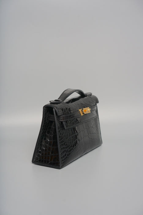 Hermes Kelly Pochette in Black Shiny Alligator Ghw( Brand New)