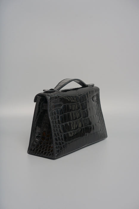 Hermes Kelly Pochette in Black Shiny Alligator Ghw( Brand New)