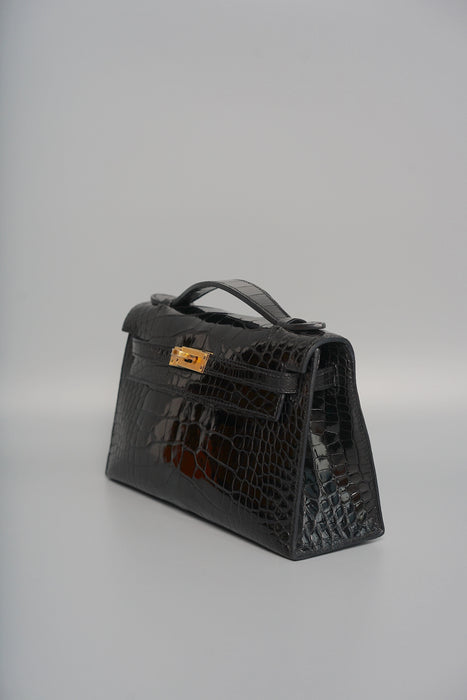 Hermes Kelly Pochette in Black Shiny Alligator Ghw( Brand New)