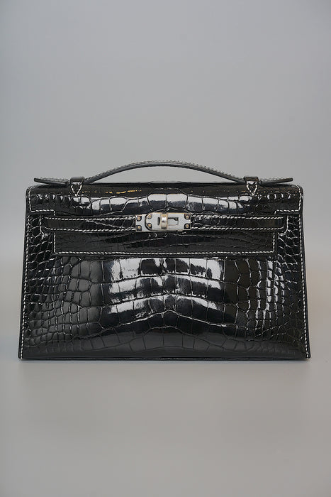Hermes Kelly Pochette HSS in Black Shiny Alligator Phw