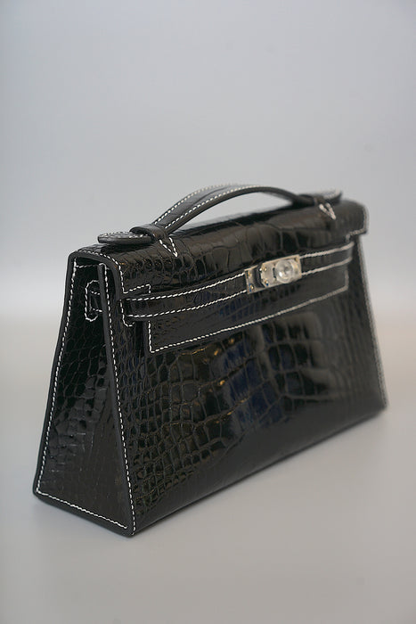 Hermes Kelly Pochette HSS in Black Shiny Alligator Phw