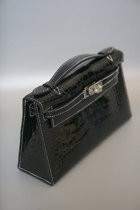 Hermes Kelly Pochette HSS in Black Shiny Alligator Phw