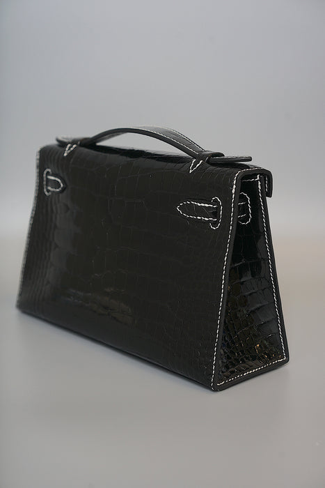 Hermes Kelly Pochette HSS in Black Shiny Alligator Phw
