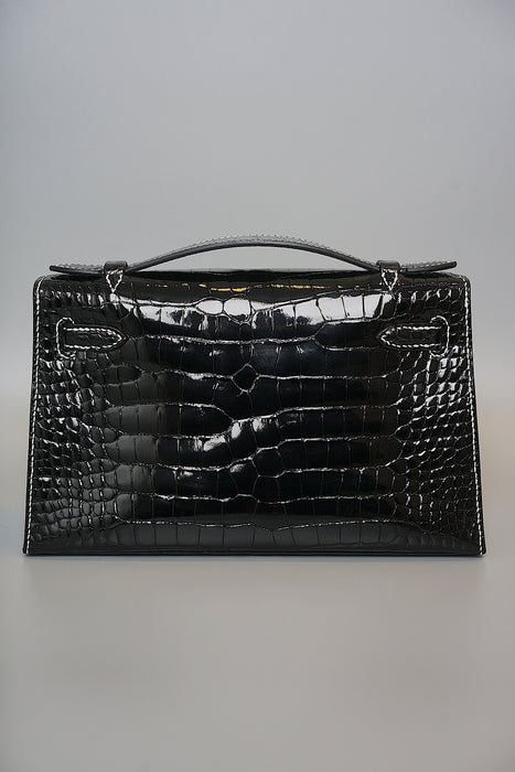 Hermes Kelly Pochette HSS in Black Shiny Alligator Phw
