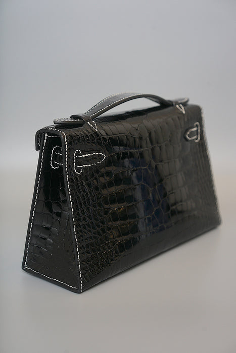 Hermes Kelly Pochette HSS in Black Shiny Alligator Phw