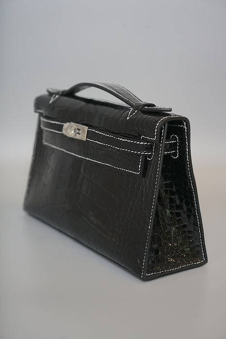 Hermes Kelly Pochette HSS in Black Shiny Alligator Phw