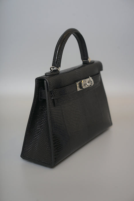 Hermes Kelly 20 in Black Shiny Lizard Phw (Brand New)