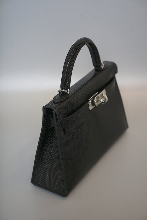 Hermes Kelly 20 in Black Shiny Lizard Phw (Brand New)