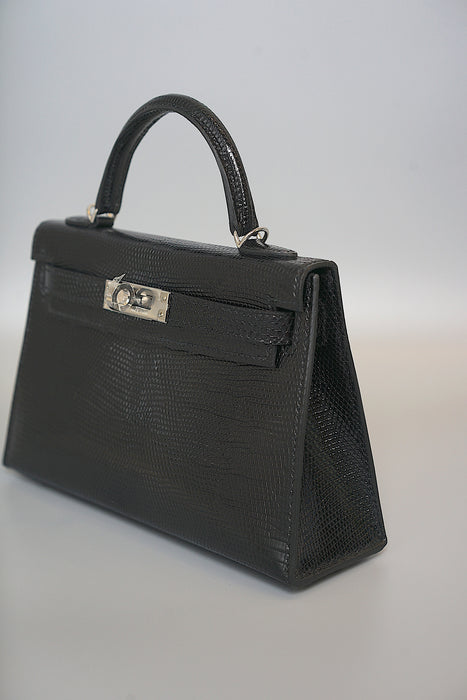 Hermes Kelly 20 in Black Shiny Lizard Phw (Brand New)