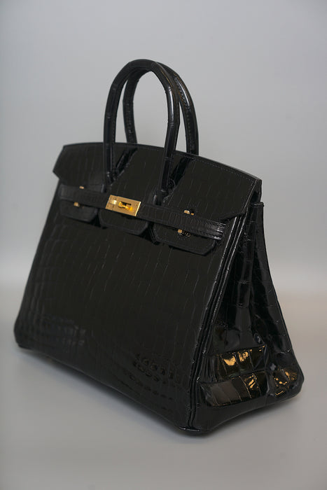 Hermes Birkin 25 in Black Shiny Niloticus Ghw (Brand New)