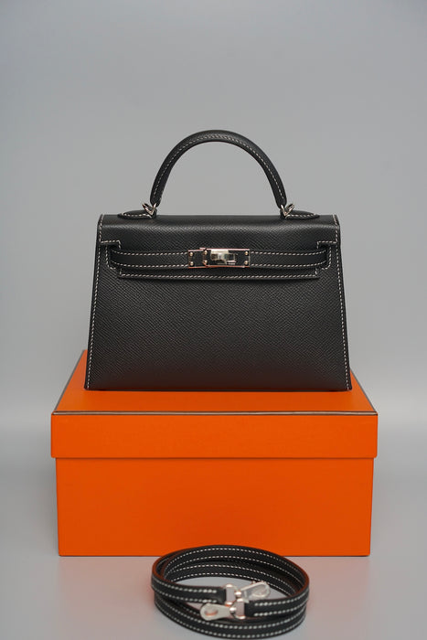 Hermes Kelly 20 HSS in Black Epsom Interior Gris Perle Phw (Brand New）