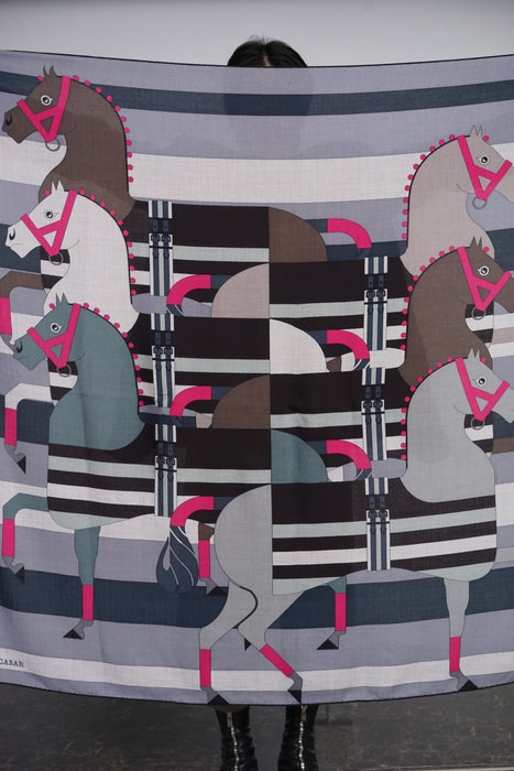 ⁠Hermes Silk Cashmere 140 H "Rocabar" in Gris Chine / Noir / Rose Vif