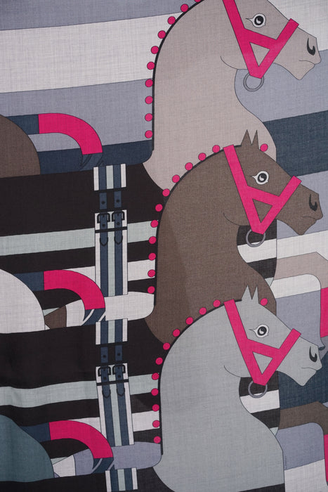 ⁠Hermes Silk Cashmere 140 H "Rocabar" in Gris Chine / Noir / Rose Vif