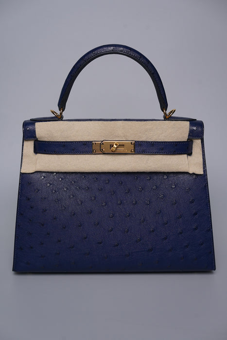 Hermes Kelly 28 in Blue Iris Ostrich Ghw (Brand New)