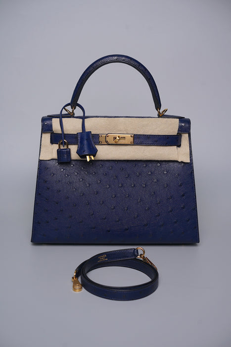 Hermes Kelly 28 in Blue Iris Ostrich Ghw (Brand New)