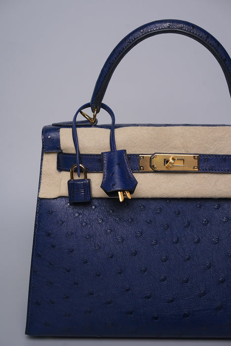 Hermes Kelly 28 in Blue Iris Ostrich Ghw (Brand New)