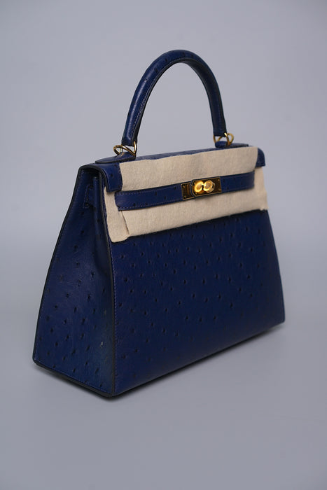 Hermes Kelly 28 in Blue Iris Ostrich Ghw (Brand New)