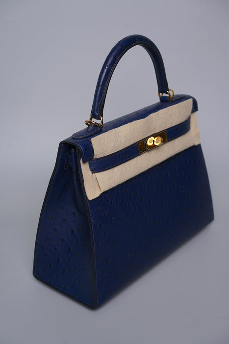 Hermes Kelly 28 in Blue Iris Ostrich Ghw (Brand New)