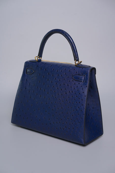 Hermes Kelly 28 in Blue Iris Ostrich Ghw (Brand New)
