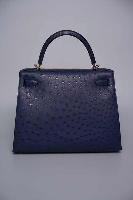 Hermes Kelly 28 in Blue Iris Ostrich Ghw (Brand New)