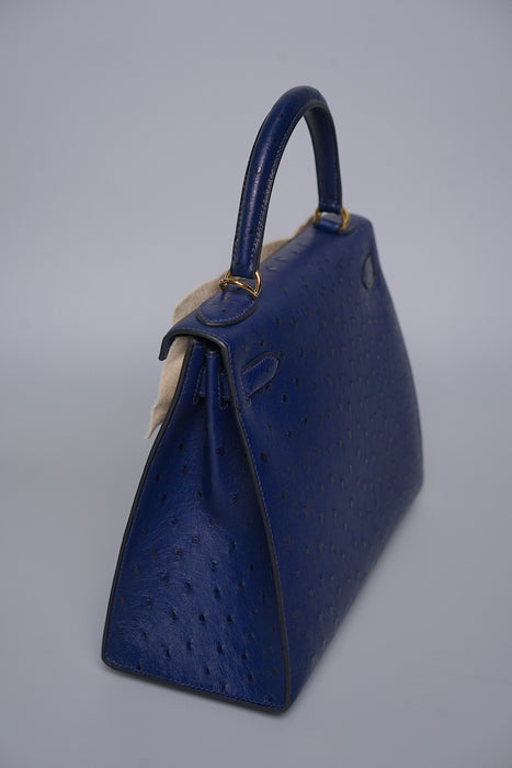 Hermes Kelly 28 in Blue Iris Ostrich Ghw (Brand New)