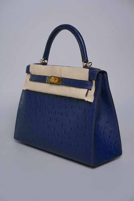 Hermes Kelly 28 in Blue Iris Ostrich Ghw (Brand New)