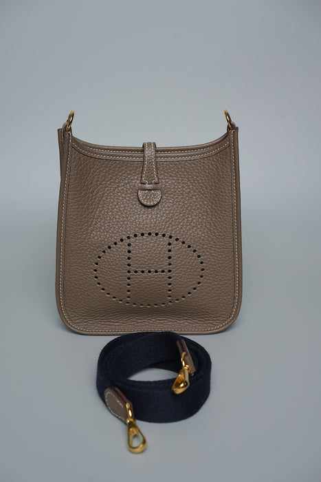 Hermes Mini Evelyne in Etoupe Ghw, Bleu Indigo Straps