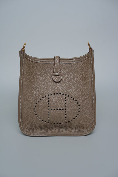 Hermes Mini Evelyne in Etoupe Ghw, Bleu Indigo Straps