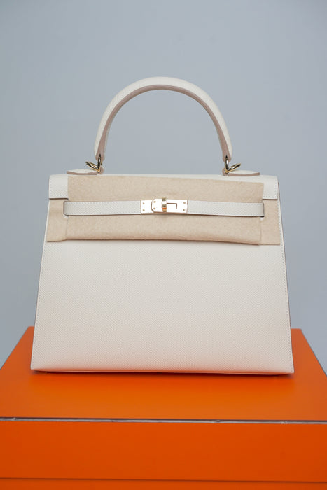 Hermes Sellier Kelly 25 in Craie Epsom Permabrass (Brand New)