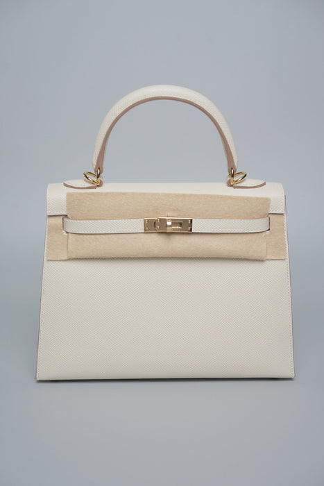 Hermes Sellier Kelly 25 in Craie Epsom Permabrass (Brand New)