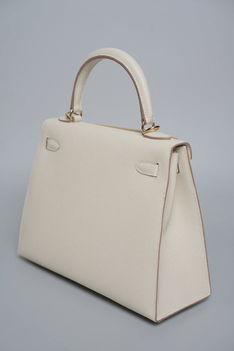 Hermes Sellier Kelly 25 in Craie Epsom Permabrass (Brand New)
