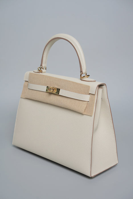 Hermes Sellier Kelly 25 in Craie Epsom Permabrass (Brand New)