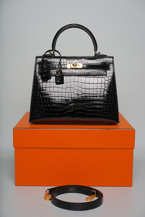 Hermes Kelly 25 in Black Shiny Porosus Ghw (Brand new)
