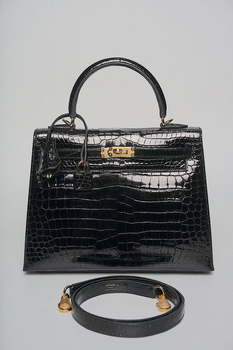 Hermes Kelly 25 in Black Shiny Porosus Ghw (Brand new)