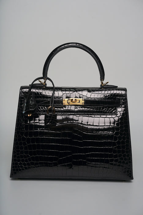 Hermes Kelly 25 in Black Shiny Porosus Ghw (Brand new)