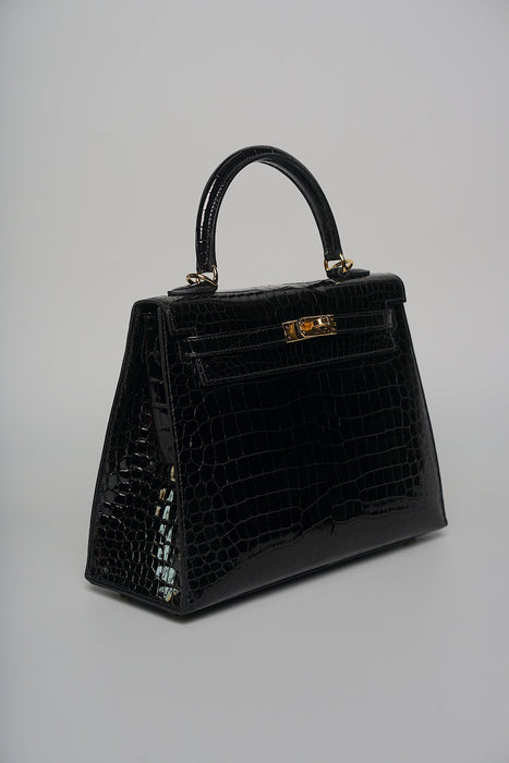 Hermes Kelly 25 in Black Shiny Porosus Ghw (Brand new)