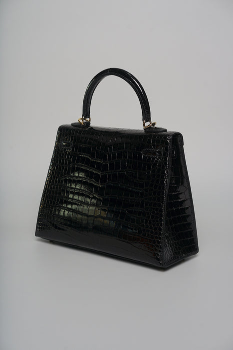 Hermes Kelly 25 in Black Shiny Porosus Ghw (Brand new)