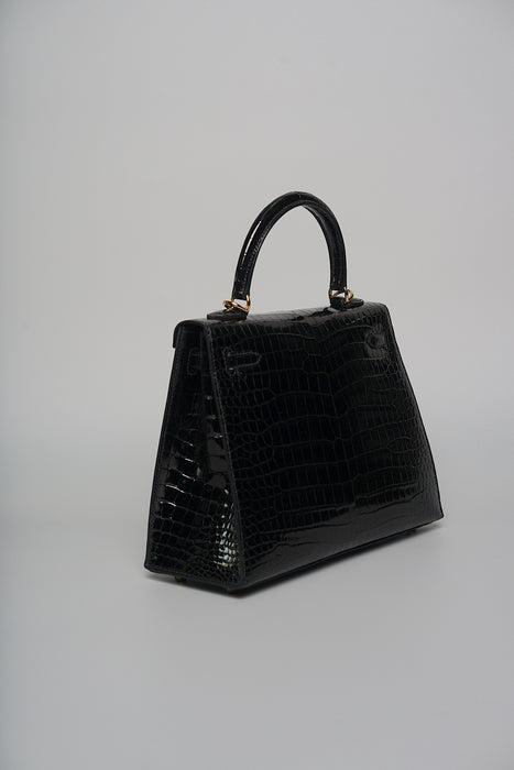 Hermes Kelly 25 in Black Shiny Porosus Ghw (Brand new)