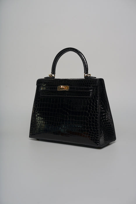 Hermes Kelly 25 in Black Shiny Porosus Ghw (Brand new)