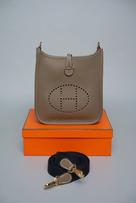 Hermes Mini Evelyne in Etoupe Ghw, Bleu Indigo Straps (Brand New)