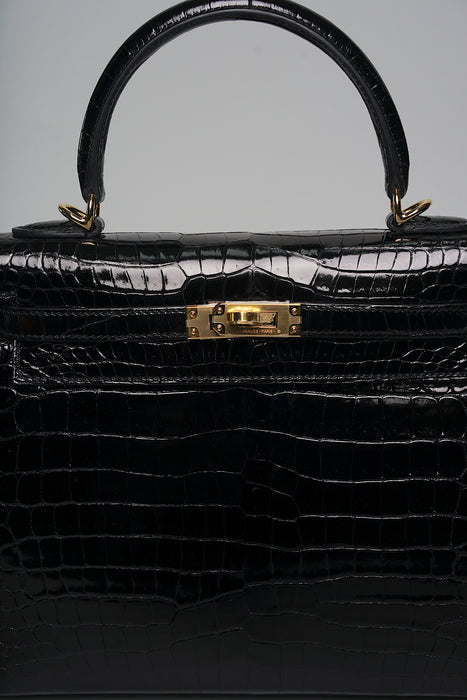 Hermes Kelly 25 in Black Shiny Porosus Ghw (Brand new)