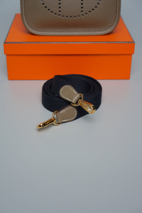 Hermes Mini Evelyne in Etoupe Ghw, Bleu Indigo Straps (Brand New)